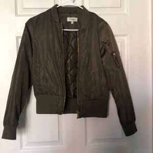 Olive green bomber jacket with gold detail